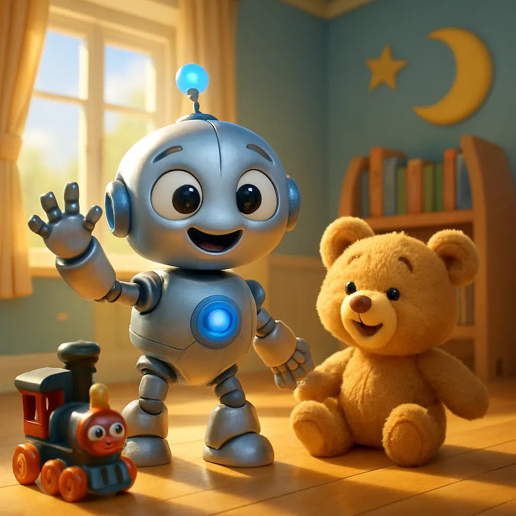 En leksaksrobot vinkar bredvid en nalle och ett leksakståg i ett solbelyst rum.
