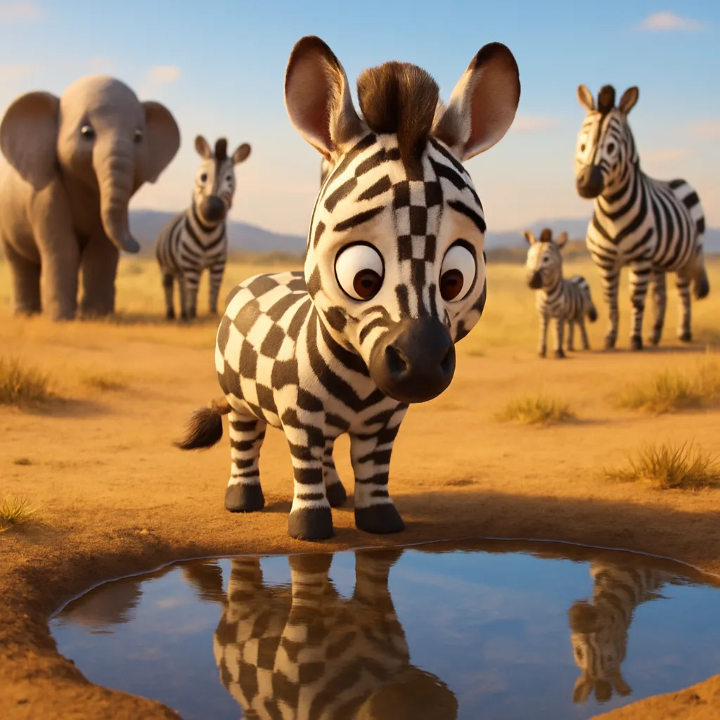 En zebra står vid en vattenpöl med zebror och en elefant på savannen bakom.